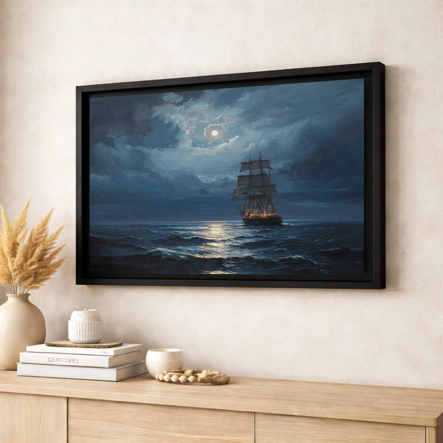 Tall Ship Sailing Canvas Print | Moonlit Ocean Nautical Art | Premium 1.25-Inch Gallery Wrap | Coastal Wall Decor for Bedroom or Living Room