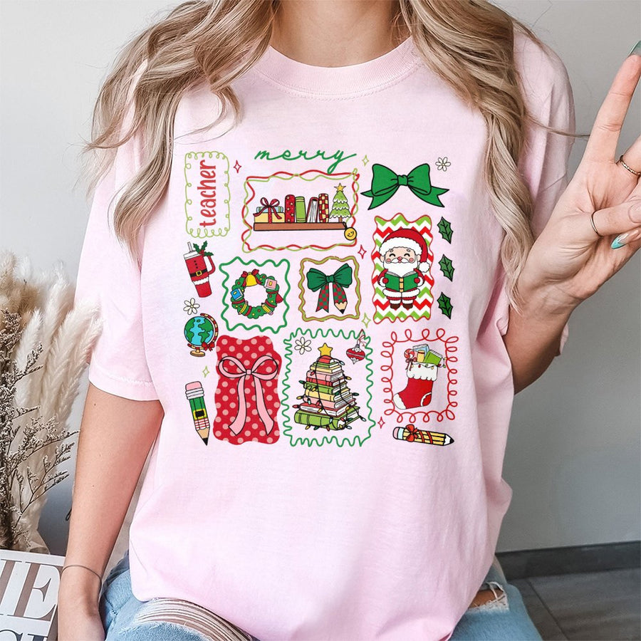 Merry Teacher Christmas T-Shirt | Retro Festive School Supplies Print | 100% Cotton Premium Tee | Cute Holiday Gift For Teachers