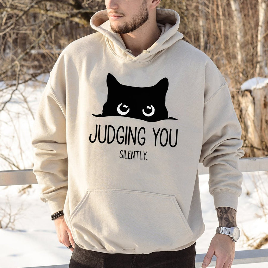 Judging You Silently Hoodie | Peeking Black Cat Graphic Design | Premium Cotton-Polyester Blend | Funny Animal Gift for Cat Lovers