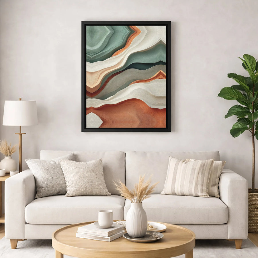 Abstract Wavy Canvas Art | Sage Green and Terracotta Layered Geology | Premium Gallery Wrapped Wall Decor | Modern Organic Living Room Wall Art