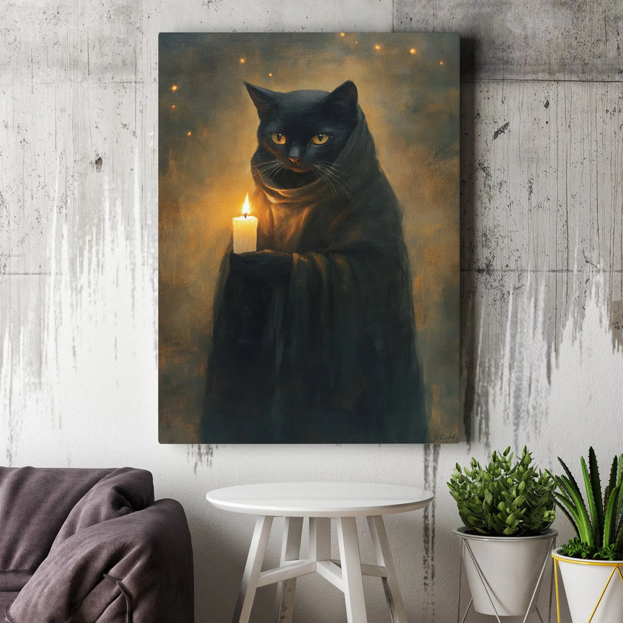 Mystical Black Cat Canvas Wall Art | Dark Academia Robe & Candle Portrait | Premium Gallery-Wrapped Decor | Gothic Witchy Gift for Cat Lovers