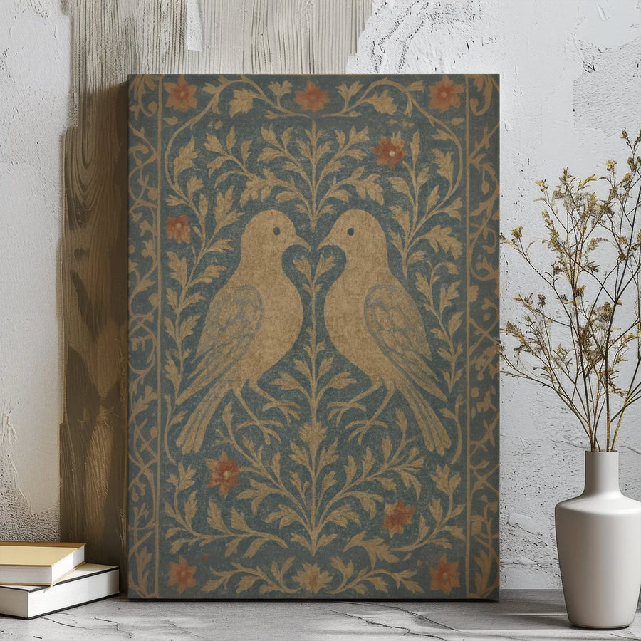 Two Birds Wall Art | Vintage Floral Heart Canvas Print | Premium Gallery Wrapped Decor | Romantic Botanical Home Gift