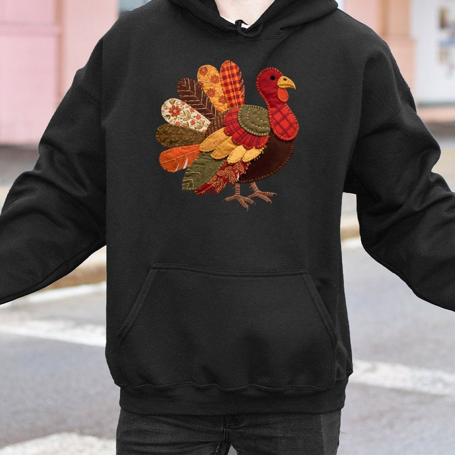 Patchwork Turkey Thanksgiving Hoodie | Faux Embroidery Farmhouse Fall Aesthetic | Premium Cotton Blend Sweatshirt | Cozy Seasonal Gift for Her