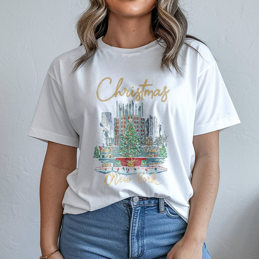 New York Christmas T-Shirt | Rockefeller Center Holiday Tree Graphic | Soft 100% Cotton Tee | NYC Gift for Women & Vacation Souvenir