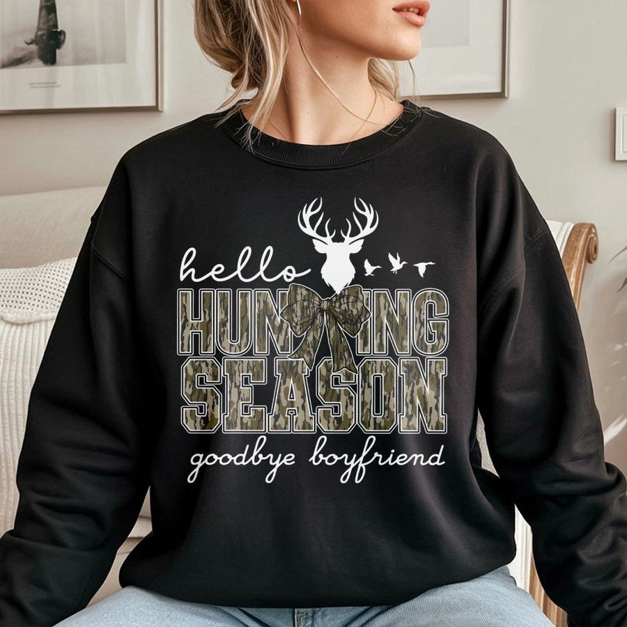 Hello Hunting Season Goodbye Boyfriend Sweatshirt | Camo Deer Antler Print | Premium Cotton Blend | Funny Hunter Gift for Women