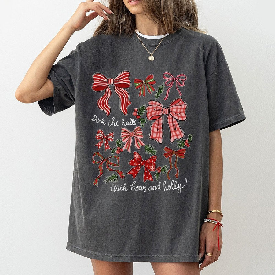 Christmas Bows T-Shirt | Festive Holiday Holly Pattern | Premium 100% Cotton | Cute Xmas Graphic Gift For Women And Girls
