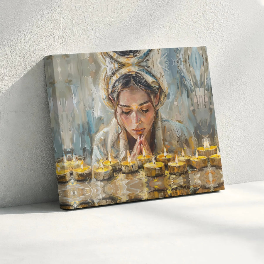Woman Praying Canvas Print | Spiritual Candle Light Oil Painting | 1.25 Inch Gallery Wrap | Peaceful Religious Home Decor Gift