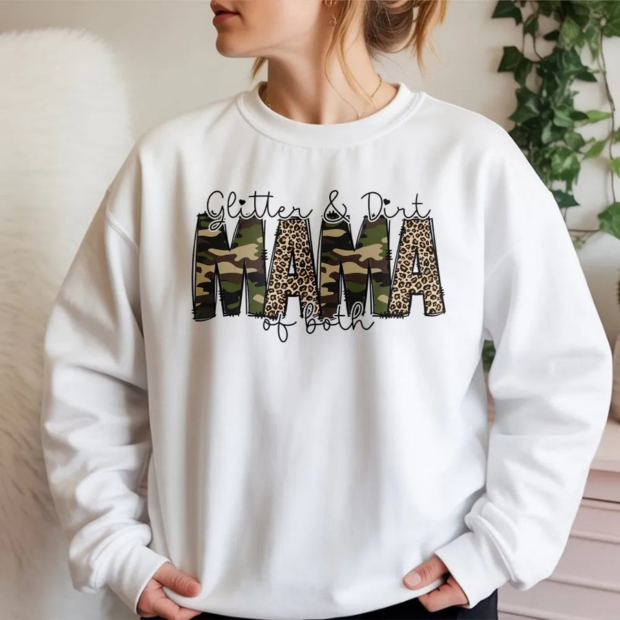 Mama of Both Sweatshirt | Glitter & Dirt Leopard and Camo Print | Soft Cotton Tee | Cute Boy and Girl Mom Gift