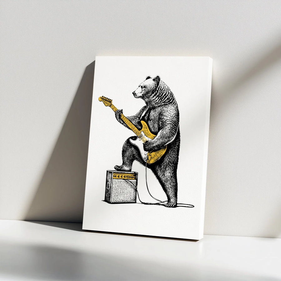 Rock Star Bear Playing Electric Guitar Canvas | Musician Animal Wall Art | Premium Gallery Wrapped Print | Music Room Decor Gift