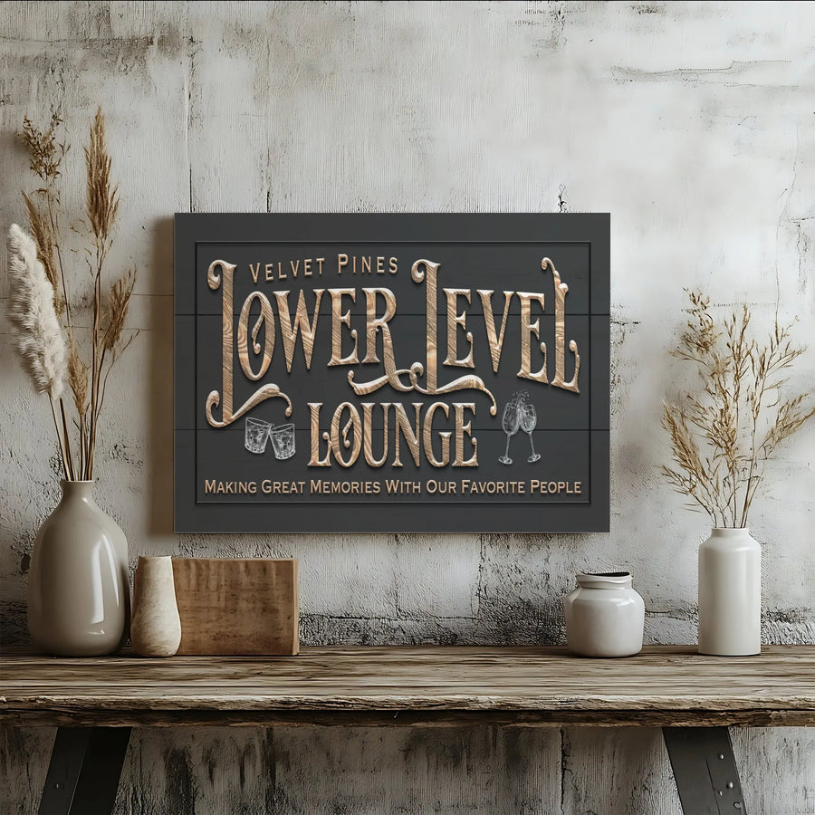 Lower Level Lounge Canvas Sign | 3D Faux Wood Grain Text Wall Art | Premium Canvas Print | Man Cave & Basement Bar Decor Gift