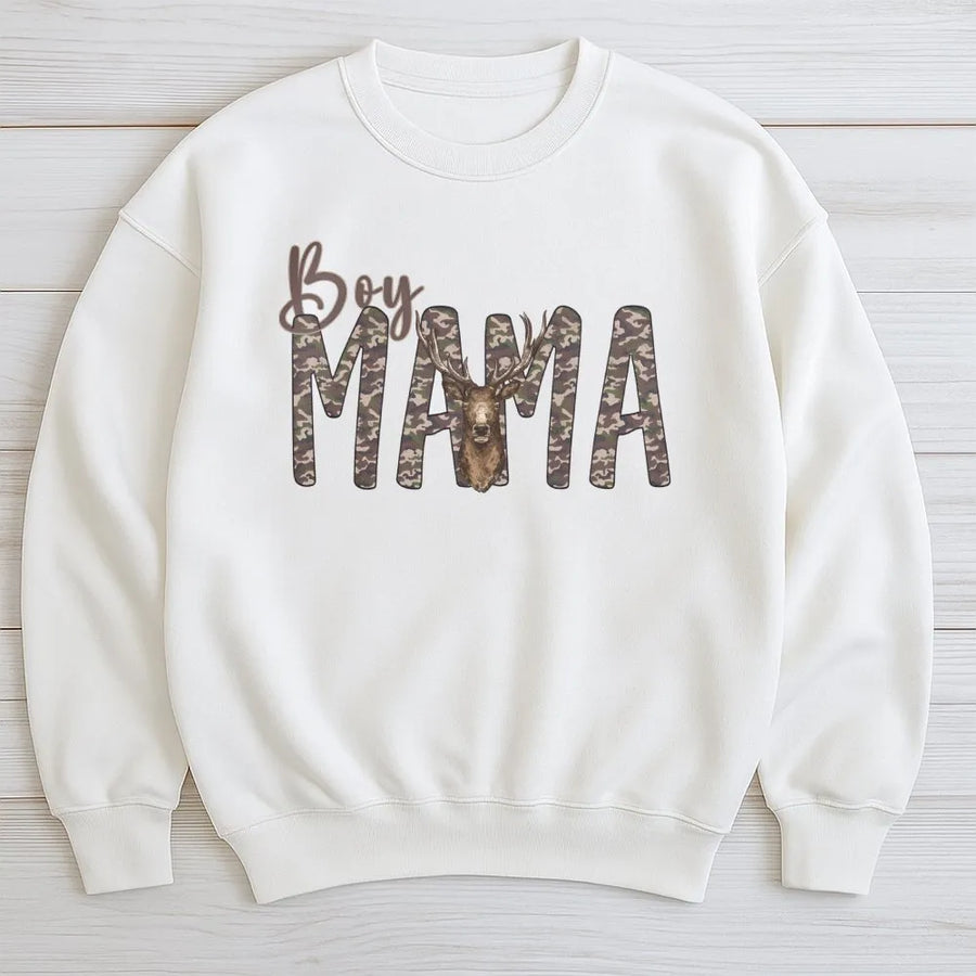 Boy Mama Sweatshirt | Camo Deer Antler Print Design | Premium Soft Cotton Blend | Trendy Country Mom Gift for Hunting Lovers