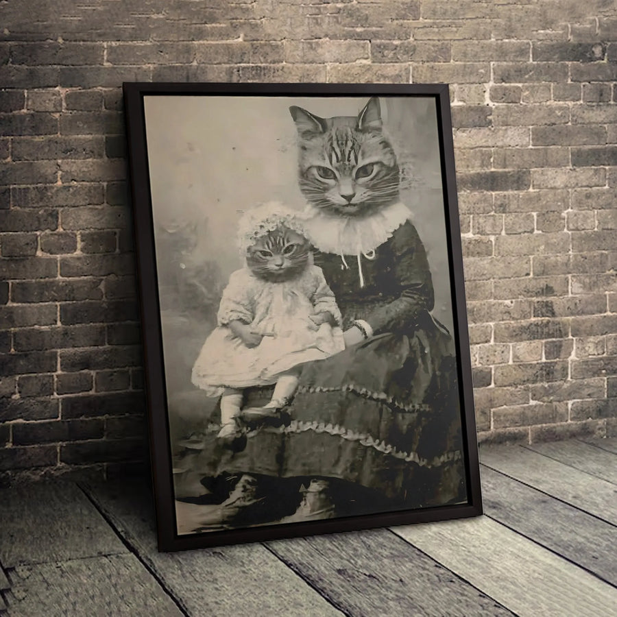 Victorian Cat Portrait Wall Art | Vintage Mother and Kitten Photography Print | Premium Gallery Wrapped Canvas | Whimsical Home Decor Gift