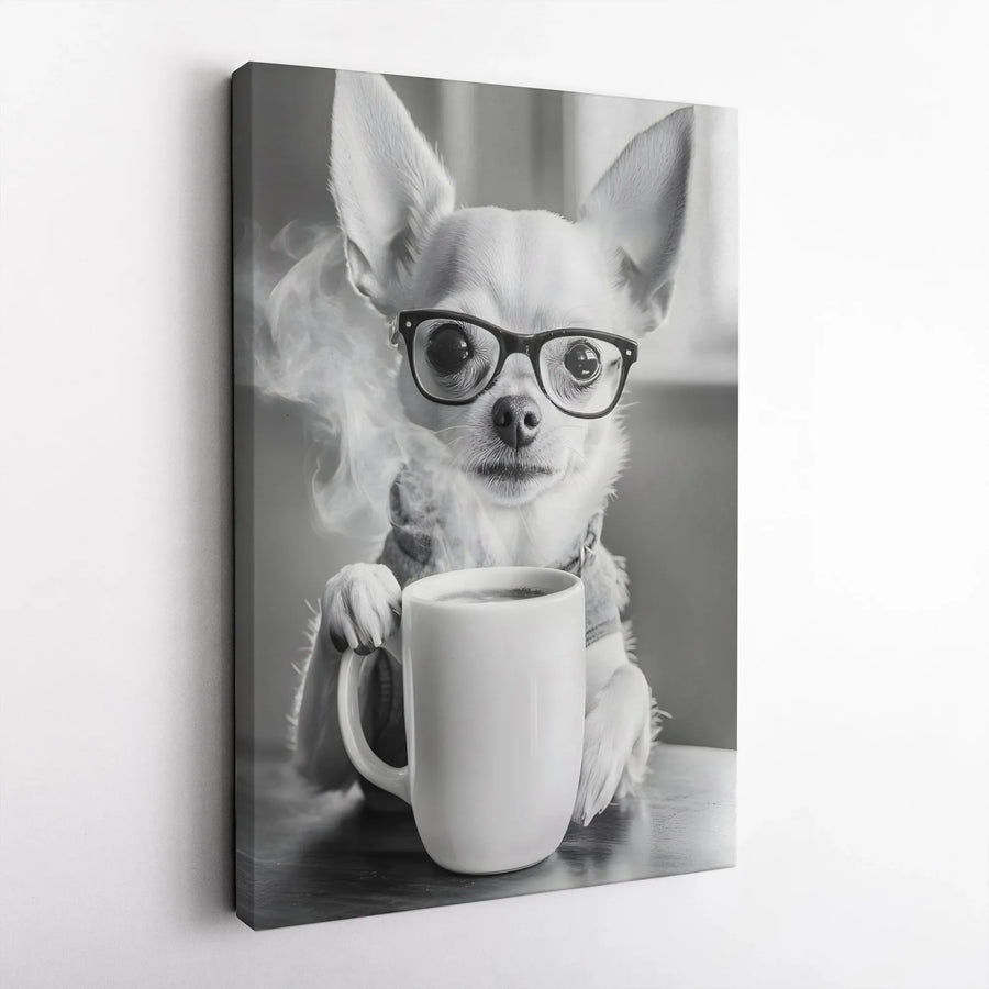 Chihuahua Coffee Mug Wall Art | Cute Dog Wearing Glasses Print | Premium 1.25-inch Canvas | Gift for Coffee Lovers & Dog Mom Decor