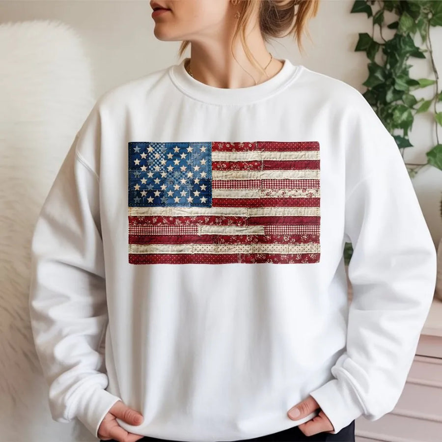 American Flag Sweatshirt | Vintage Patchwork Graphic Pullover | Cozy Cotton Blend | Fourth of July Patriotic Gift for Men & Women