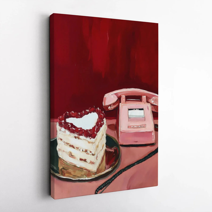 Heart Cake and Vintage Phone Canvas Wall Art | Retro Aesthetic Pink Decor | Premium Gallery Wrap Print | Romantic Bedroom Gift Idea