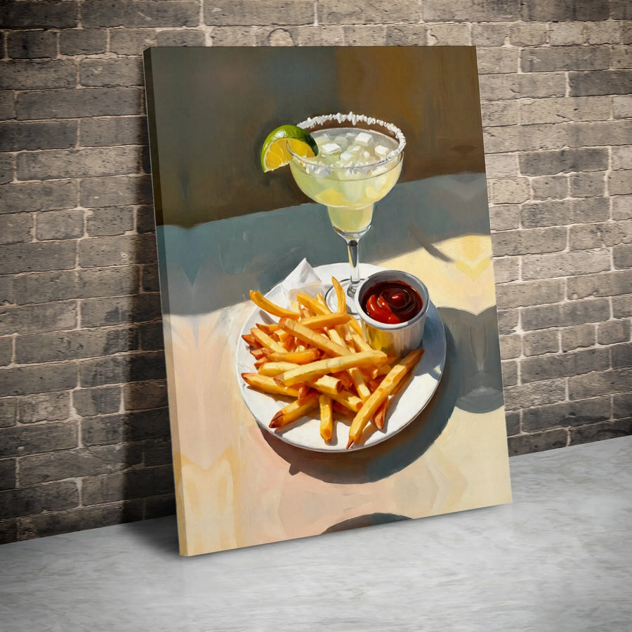 Margarita and French Fries Canvas Wall Art | Impressionist Cocktail Food Painting | Premium Gallery Wrapped Print | Kitchen Decor Gift for Bar Lovers