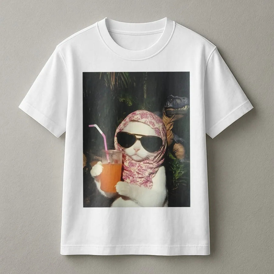 Chill Cat With Dinosaur Graphic Tee | Funny Retro Meme Aesthetic | Premium Soft Cotton Shirt | Gift For Cat Lovers & Gen Z Trendsetters