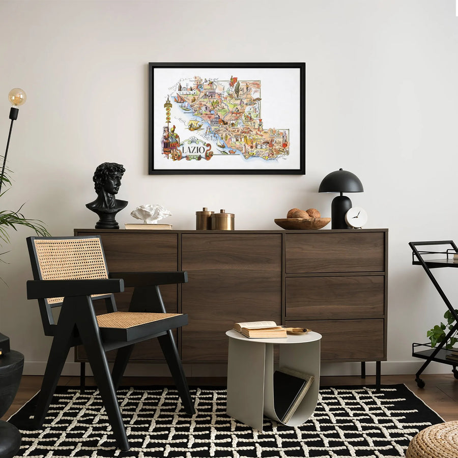 Lazio Italy Map Wall Art | Vintage Pictorial Illustrated Region Print | Premium Gallery Wrapped Canvas | Italian Home Office Decor Gift