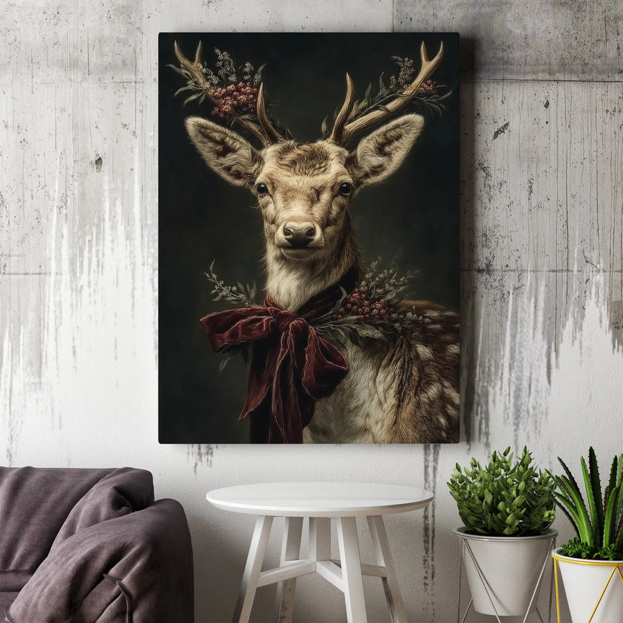 Christmas Reindeer Wall Art | Festive Deer Portrait with Red Velvet Bow | Premium Gallery Wrapped Canvas | Winter Holiday Home Decor Gift