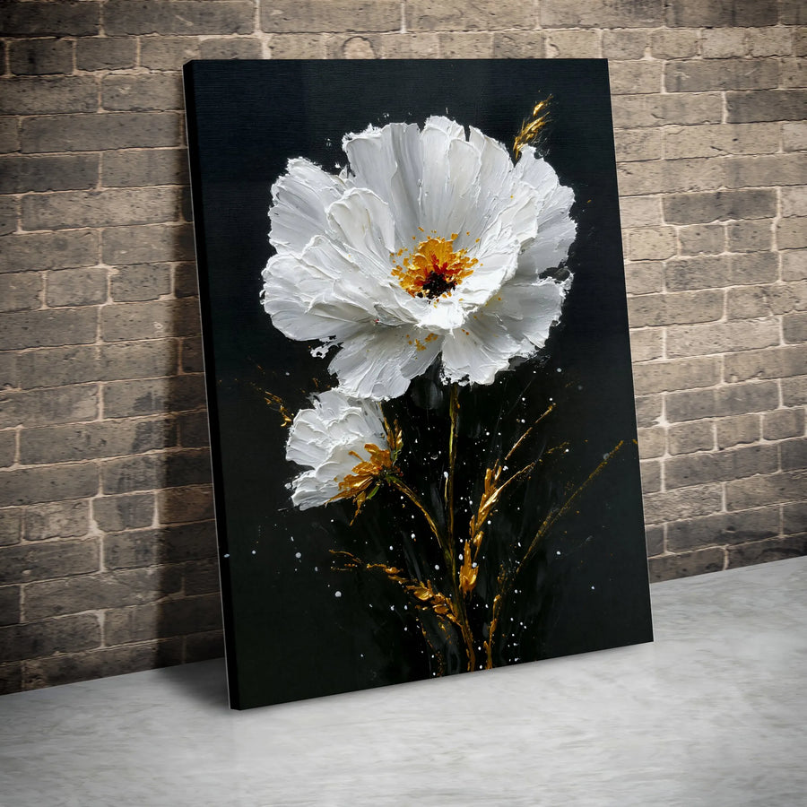 Textured White Flower Canvas Wall Art | 3D Impasto Style Floral Print with Gold Accents | Thick Gallery Wrapped Canvas | Premium Modern Home Decor Gift