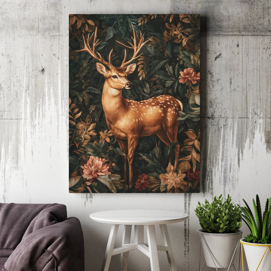 Majestic Deer Canvas Wall Art | Dark Moody Floral Forest Print | Gallery-Quality 1.25 Inch Wrap | Nature Lover Gift for Home Office Decor