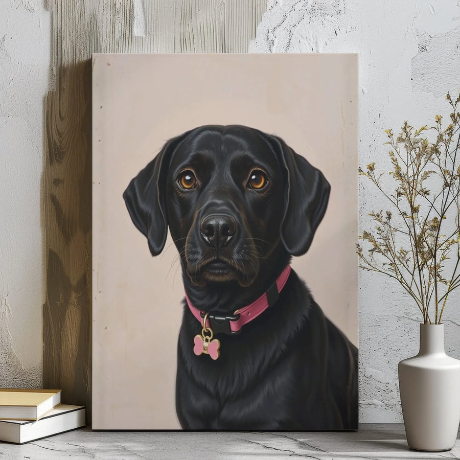 Black Labrador Canvas Wall Art | Whimsical Dog Portrait with Pink Collar | Premium Gallery Wrapped Decor | Unique Pet Lover Gift Idea