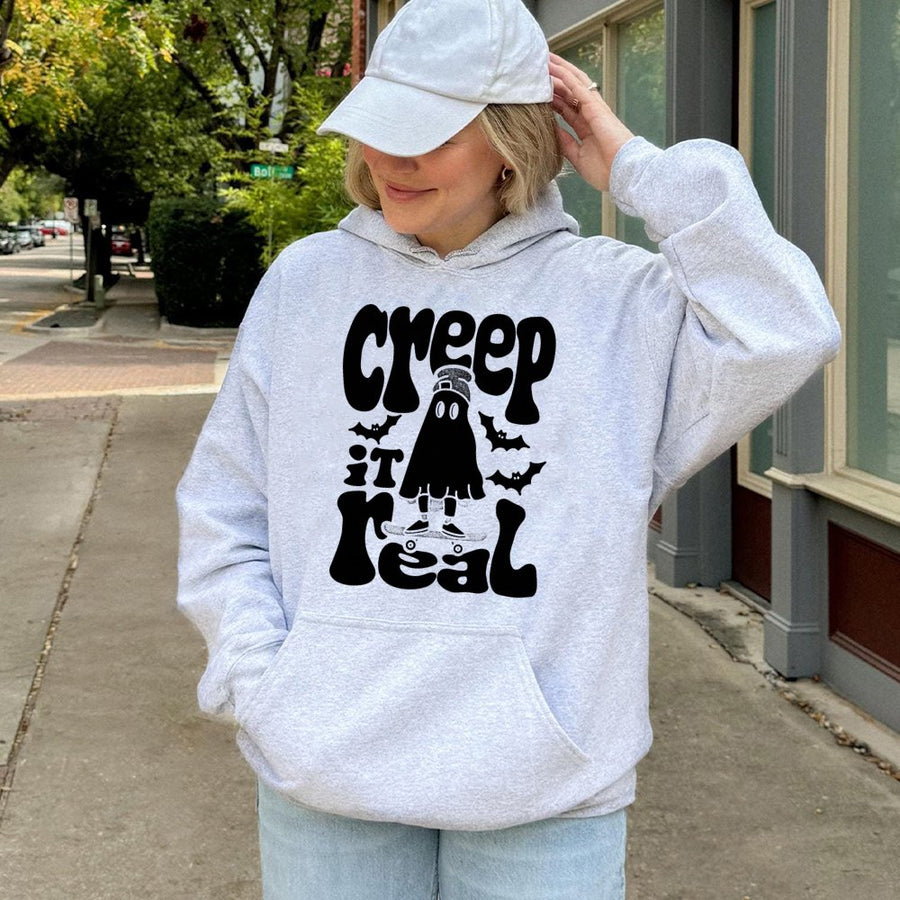 Creep It Real Ghost Hoodie | Retro Skateboarder Halloween Graphic | Premium Cotton Blend | Funny Spooky Gift for Skater Teens and Adults