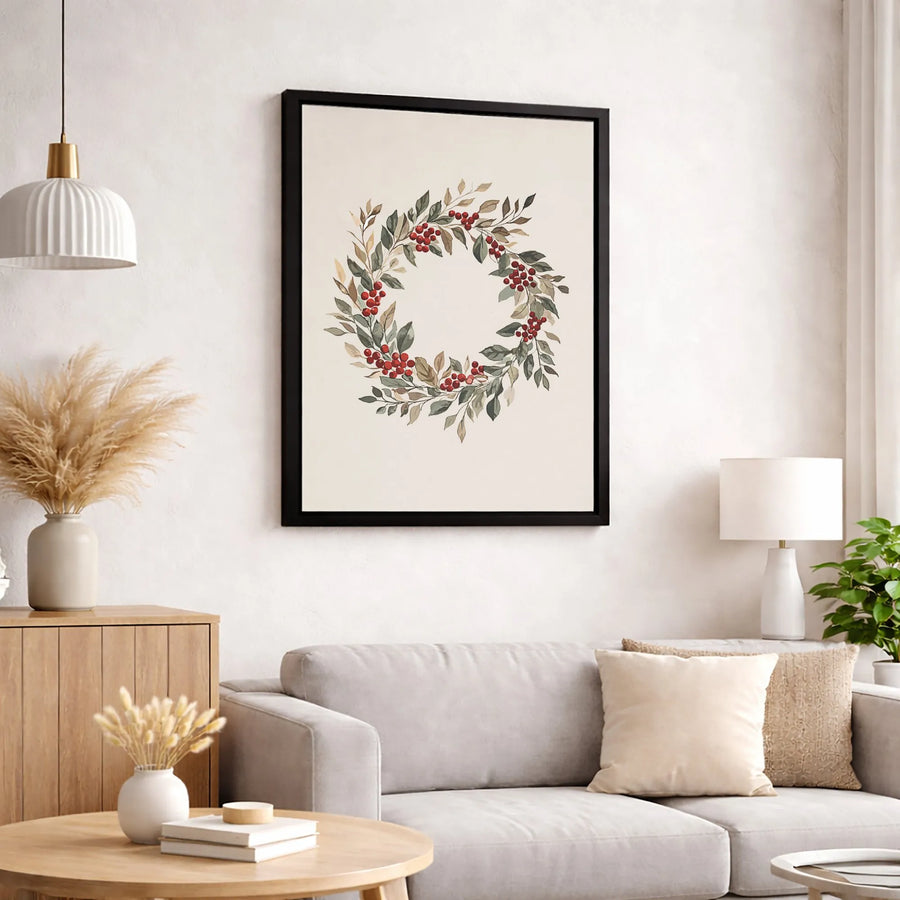 Watercolor Red Berry Wreath Canvas Print | Minimalist Botanical Holiday Wall Art | Premium Gallery Wrapped Decor | Festive Home Gift