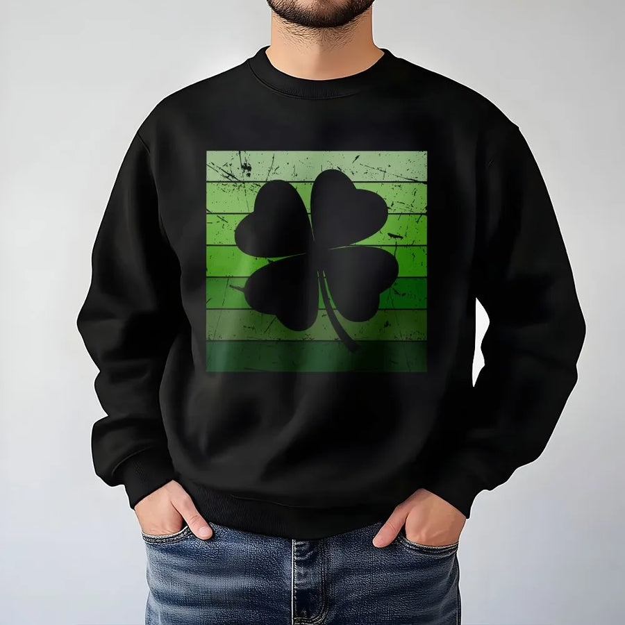 Retro Shamrock Sweatshirt | Distressed Four Leaf Clover Graphic | Premium Cotton Blend | St Patricks Day Gift For Men And Women