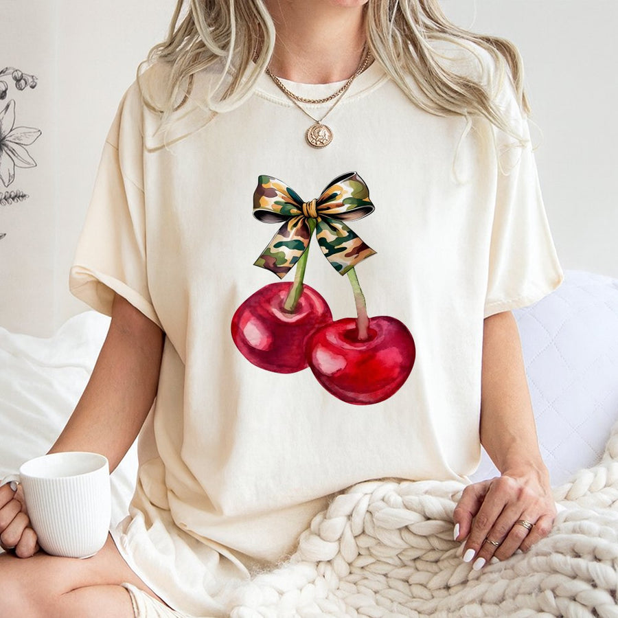 Cherry Camo Bow T-Shirt | Trendy Coquette Aesthetic Graphic Tee | 100% Premium Cotton | Cute Fruit Lover Gift for Women