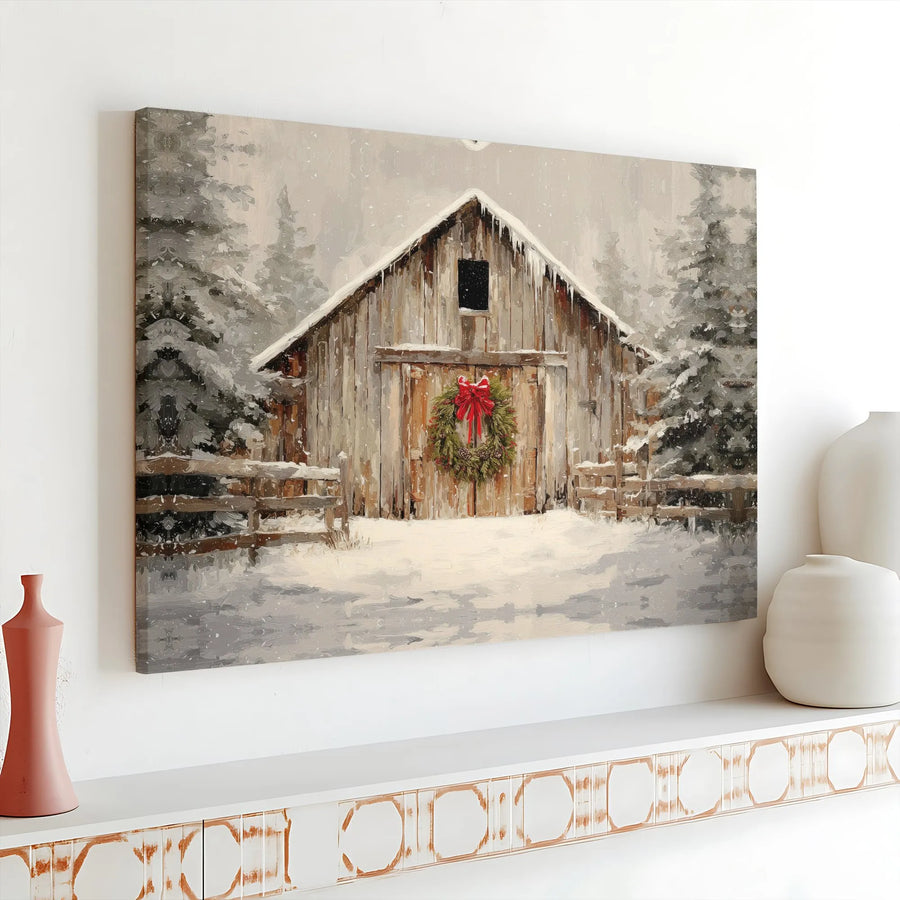 Rustic Snowy Barn Canvas Print | Christmas Wreath Winter Landscape | Premium Gallery Wrap Wall Art | Seasonal Farmhouse Holiday Decor