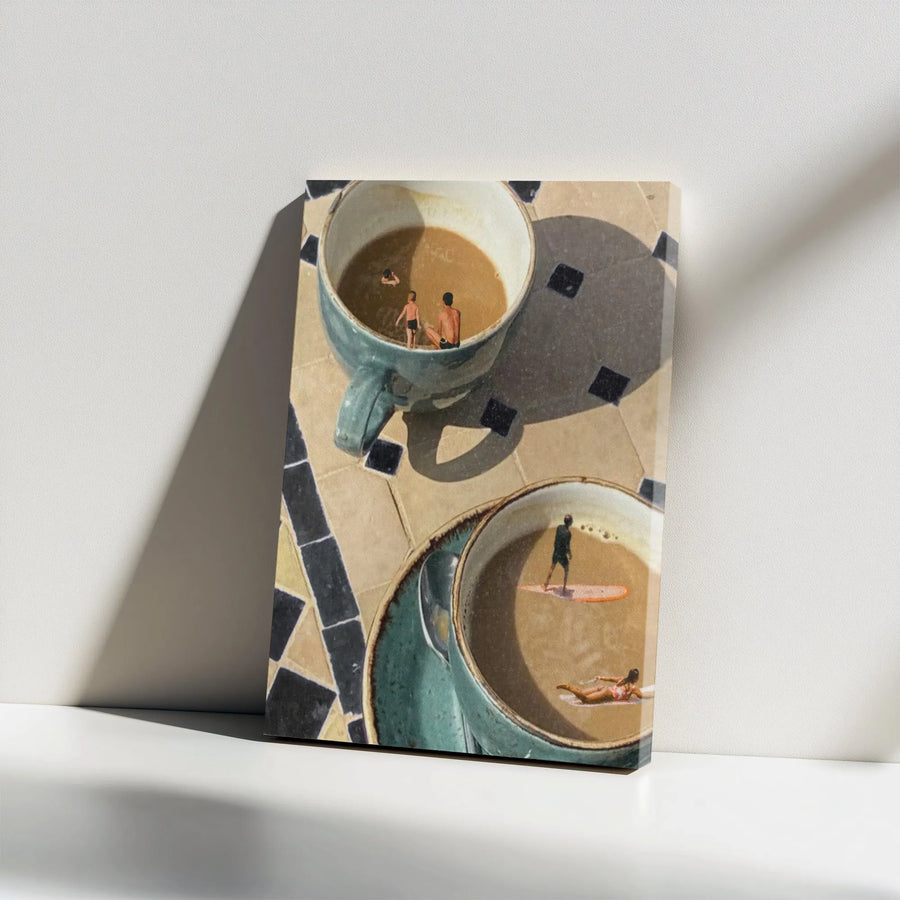 Surreal Coffee Cup Surfing Canvas Art | Whimsical Miniature People Wall Decor | Premium Gallery Wrapped Canvas | Unique Kitchen Decor Gift for Coffee Lover