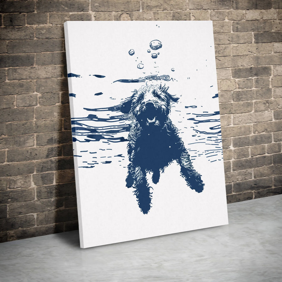 Swimming Dog Canvas Wall Art | Minimalist Underwater Sketch Print | Premium 1.25" Thick Gallery Wrap | Unique Gift for Dog Lover & Pet Owner
