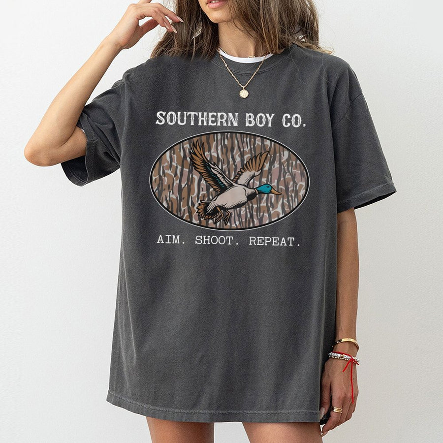 Duck Hunting T-Shirt | Aim Shoot Repeat Mallard Design | 100% Cotton Premium Apparel | Outdoor Gift For Hunters & Country Boys