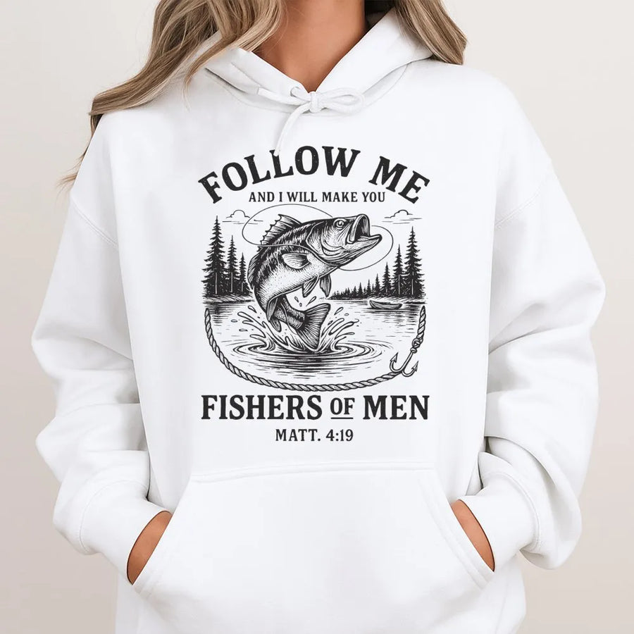 Fishers Of Men Hoodie | Matthew 4:19 Bible Verse Graphic | Premium Cotton Blend Pullover | Christian Faith Gift for Fisherman and Outdoorsmen