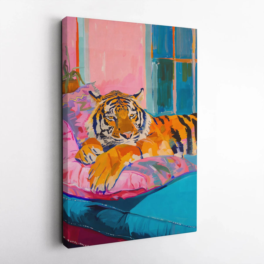 Vibrant Tiger Canvas Print | Colorful Lounging Tiger Pop Art Painting | Premium Thick Gallery Wrap Canvas | Modern Home Decor Gift for Animal Lovers