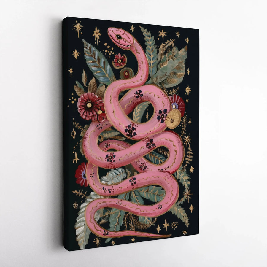Pink Snake Wall Art | Celestial Botanical Serpent Print | Gallery Wrapped Premium Canvas | Gothic Witchy Home Decor Gift