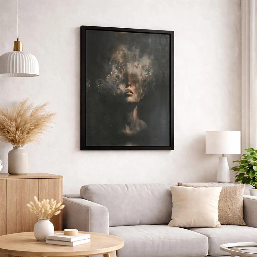 Abstract Woman Portrait Canvas | Moody Smoke Face Wall Art | Premium 1.25 Inch Gallery Wrap | Modern Home Office Decor Gift