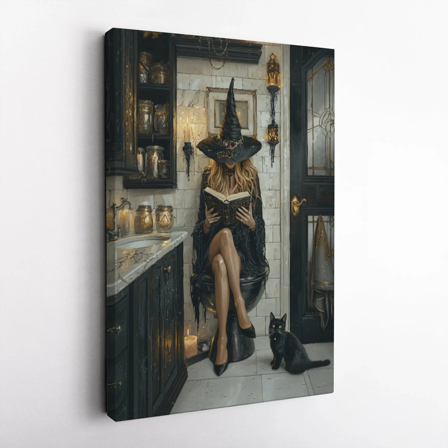 Witch Reading on Toilet Canvas Print | Funny Bathroom Wall Art with Black Cat | Premium Gallery Wrap 1.25" Profile | Gothic Home Decor Gift