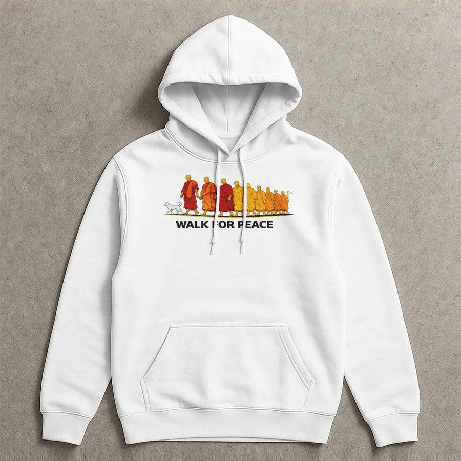 Walk For Peace Hoodie | Buddhist Monk Zen Graphic Design | Premium Cotton-Blend Pullover | Spiritual Meditation Gift for Yoga Lovers