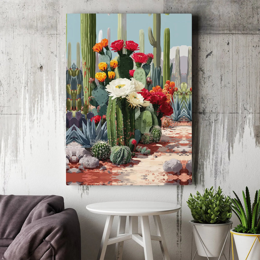 Cactus Wall Art Canvas Print | Vibrant Blooming Desert Garden Illustration | Premium Gallery Wrapped Canvas | Southwestern Home Decor Gift