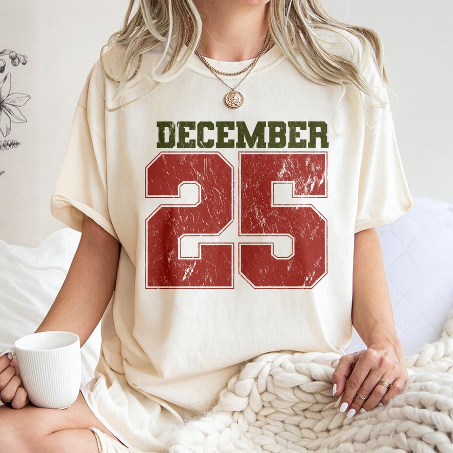 December 25 Christmas T-Shirt | Retro Varsity Number Graphic | Premium 100% Cotton Tee | Unisex Holiday Gift for Men and Women