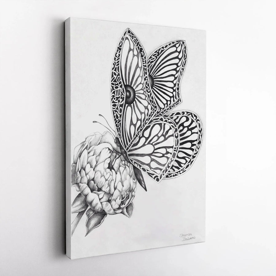 Butterfly and Peony Canvas Wall Art | Monochrome Sketch Print | Premium Gallery Wrapped Canvas | Modern Minimalist Home Decor Gift