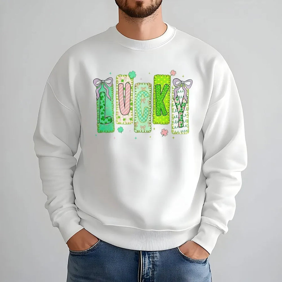 Lucky St. Patrick’s Day Sweatshirt | Patchwork Letter Shamrock Aesthetic | Soft Premium Cotton Blend | Gift for Her Preppy Irish Holiday Outfit