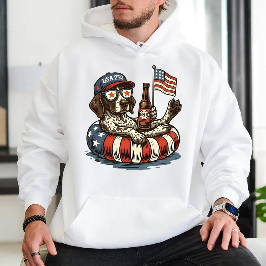 USA 250th Anniversary Dog Hoodie | Patriotic Dog with American Flag | Cozy Cotton Blend Crewneck | Independence Day Gift for Dog Lovers