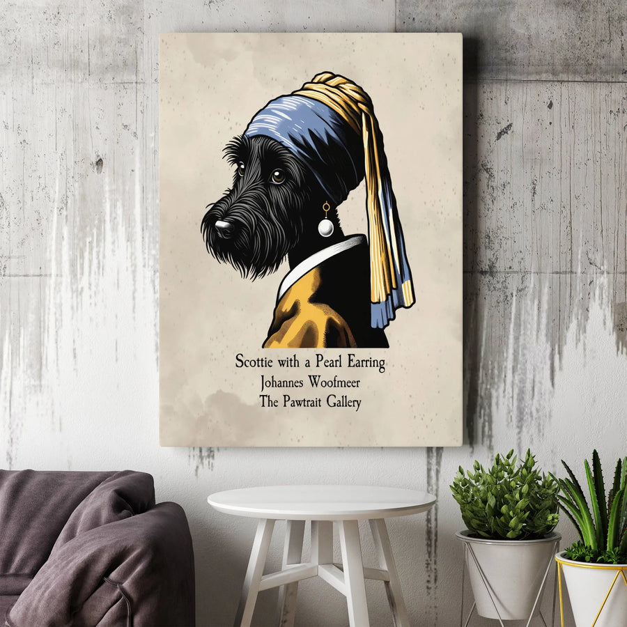 Scottie with a Pearl Earring Wall Art | Funny Scottish Terrier Vermeer Parody | Premium Stretched Canvas | Collector's Gift for Dog Lovers