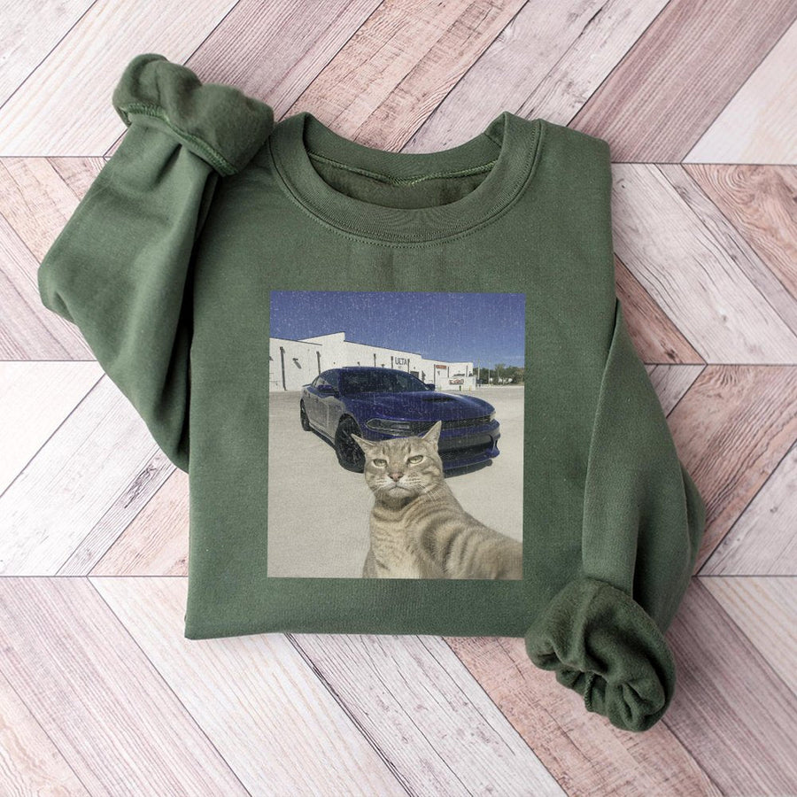 Funny Cat Selfie Sweatshirt | Viral Meme Graphic Pullover | Soft Cotton Blend Unisex Apparel | Unique Animal Lover Gift for Men and Women