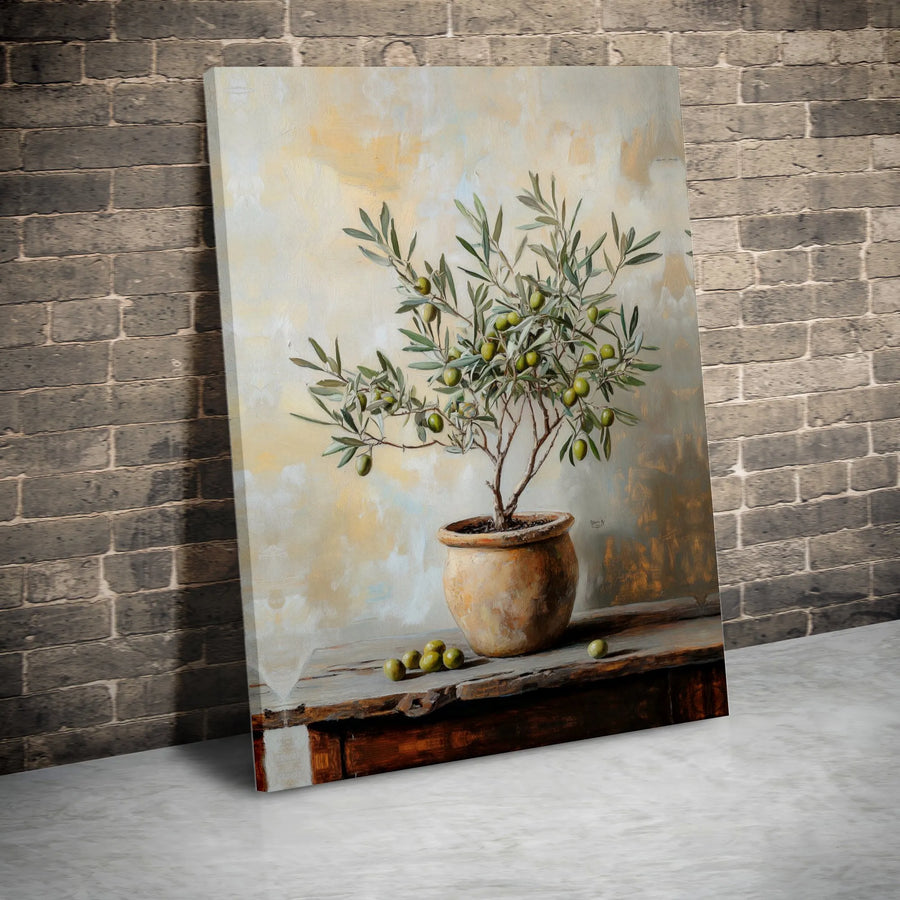 Olive Tree Canvas Wall Art | Mediterranean Still Life Painting | Premium Gallery Wrapped Canvas | Farmhouse Kitchen Decor Gift