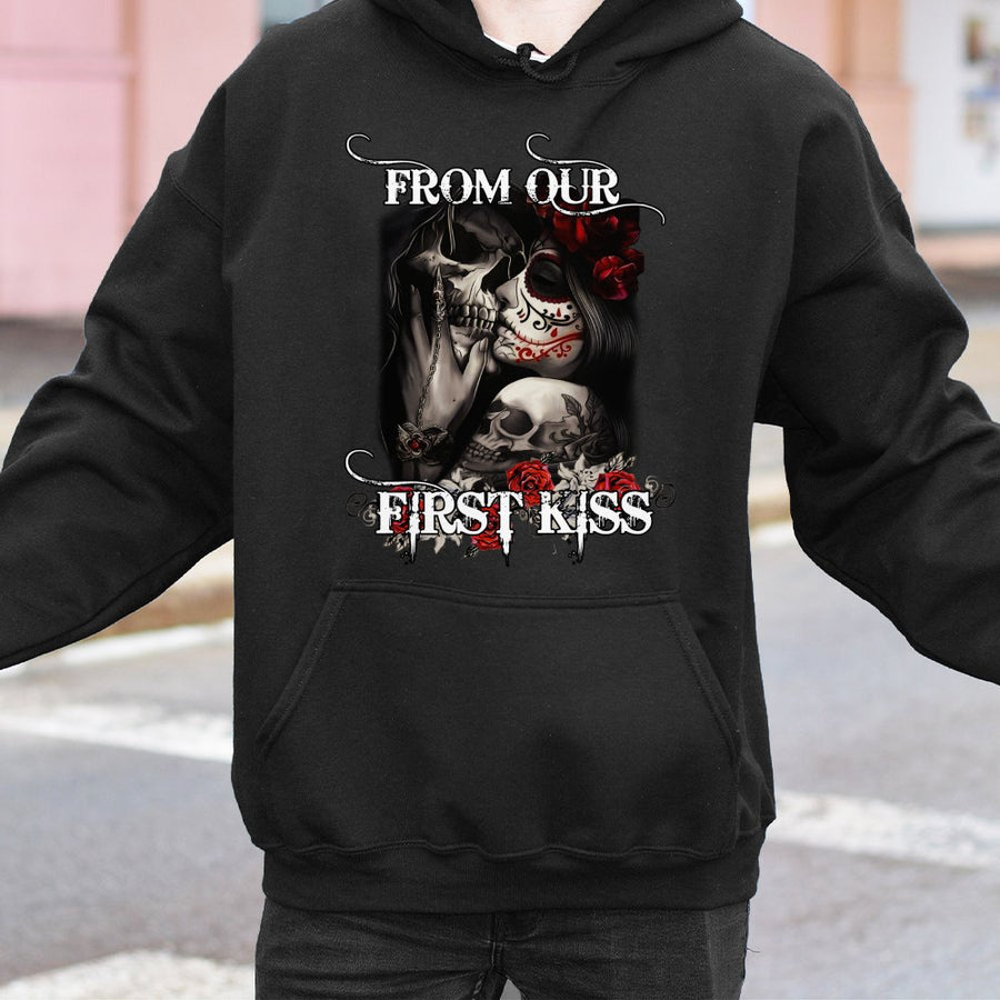 Skull and Rose Couple Hoodie | From Our First Kiss Graphic Design | Premium Cotton-Blend Pullover | Romantic Goth Gift for Valentine Couples
