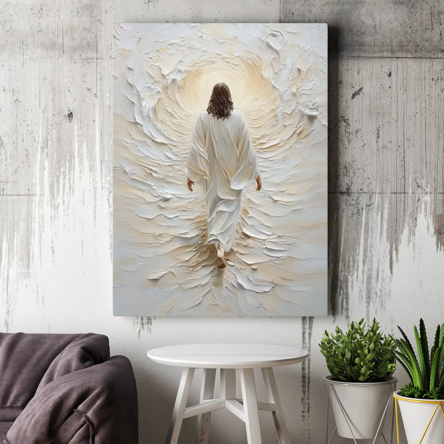 Jesus Walking Toward Light Canvas | Religious Wall Art Print | Premium Fade-Resistant Gallery Wrap | Christian Home Decor Gift